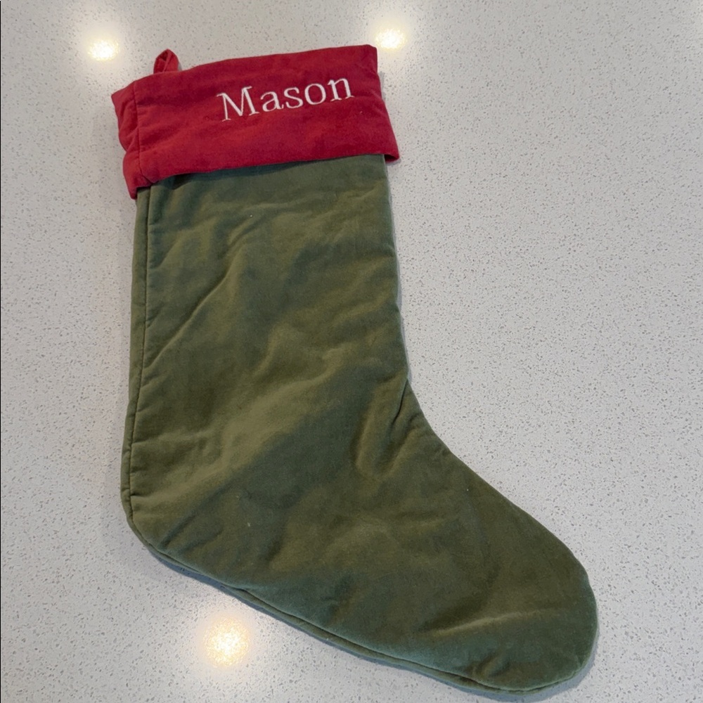 Pottery Barn NWT Velvet Large Stocking Embroidered with “MASON” in Red and Green
